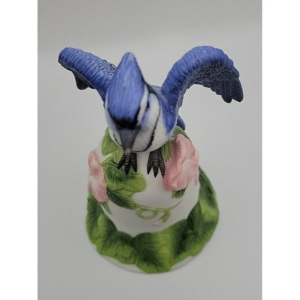 Vintage AVON Ceramic Porcelain Blue Jay & Flowers Bell 2001 EUC